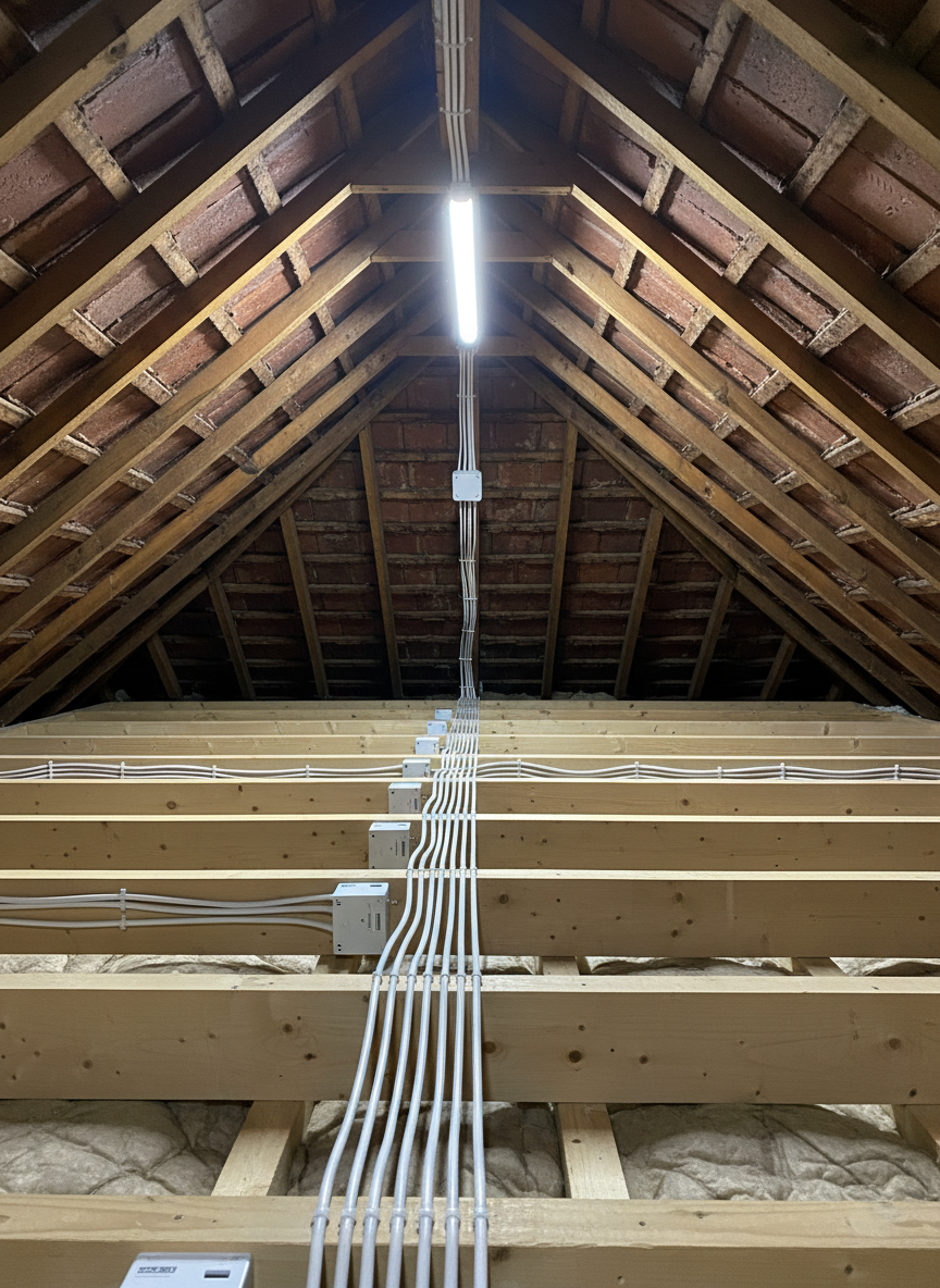 An attic space in a traditional East Anglian home, freshly rewired and immaculately organized: new timber joists visible, with clipped white twin and earth cables following straight, parallel routes along the beams, and branded junction boxes secured at junction points. A modern, energy-efficient LED batten light illuminates the area with bright, cool white light, creating crisp shadows that emphasize the tidy cabling against the rougher texture of old roof tiles. Photographic realism from a slightly low angle along the joists, using strong depth of field so the cable runs remain sharp into the distance, evoking a sense of hidden quality and long-term safety in the installation.
