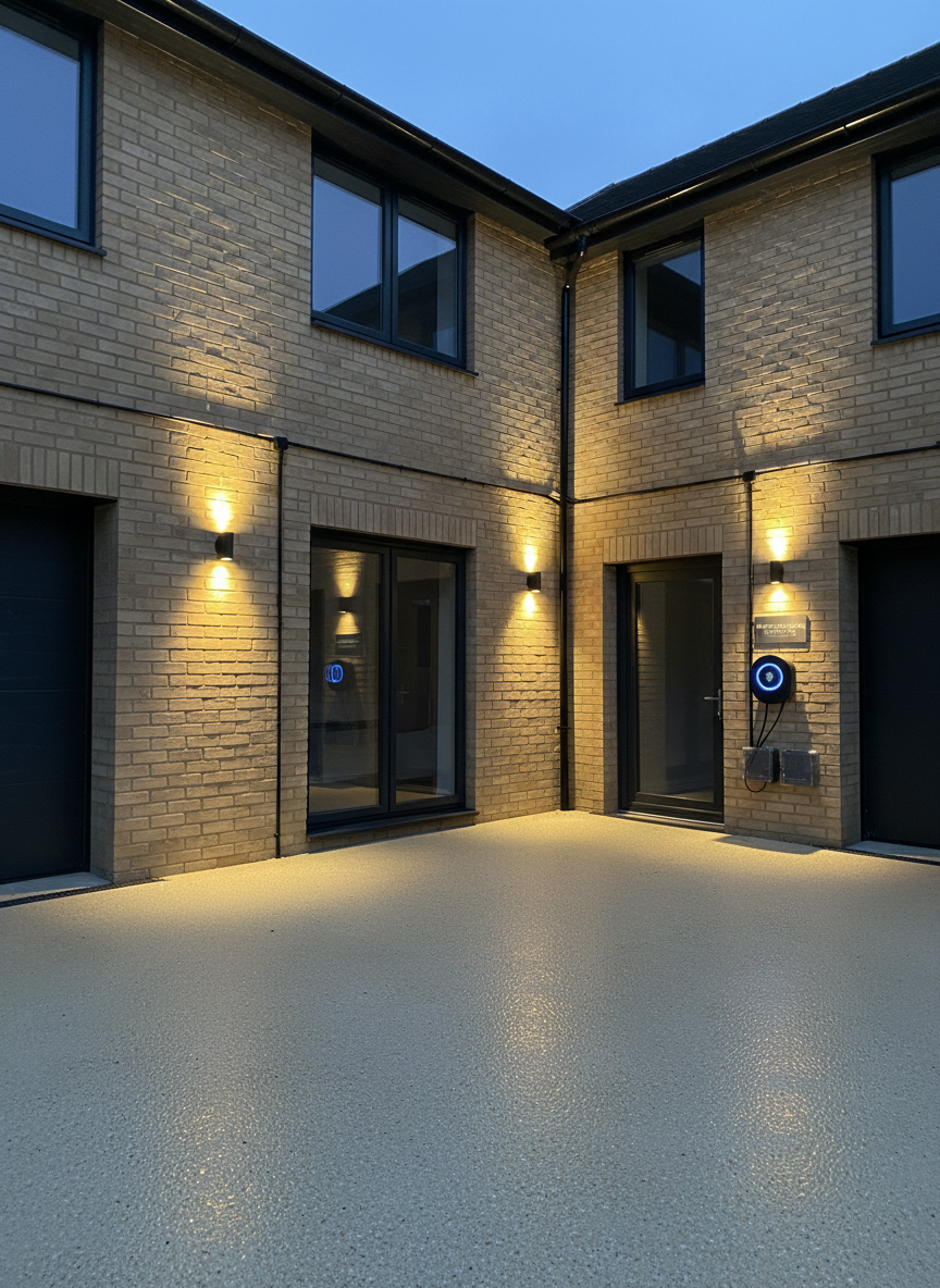 A wide photographic view of a contemporary Norfolk home exterior at dusk, featuring a newly installed outdoor electrical system: sleek matte black LED wall lights, a discreet EV charging point, and weatherproof double sockets with closed clear covers, all mounted on pale brickwork. The driveway surface is clean resin-bound gravel with subtle reflections from the warm white lighting. Soft blue evening sky contrasts with the inviting glow, highlighting tidy conduit runs and level fittings. Shot from a slightly low angle with sharp focus throughout, the mood is professional and reassuring, emphasising reliable, well-designed domestic electrical installations by local Wymondham-based specialists.