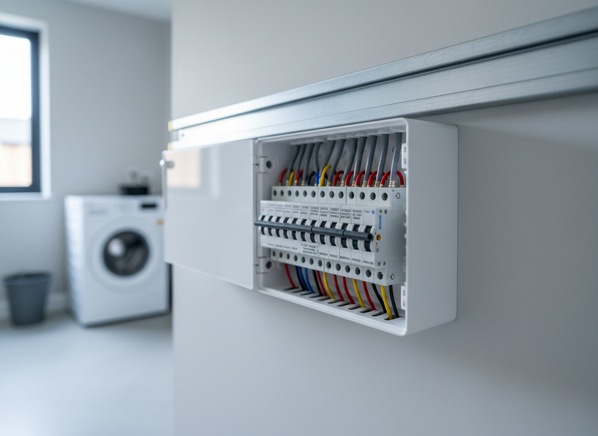 A meticulously organized electrical consumer unit with neatly labeled circuits, pristine white casing, and perfectly aligned colored wiring, mounted against a clean light grey wall in a modern utility space. High-quality twin and earth cables enter through tidy grommets, with metal trunking running horizontally above. Cool, diffused daylight from an unseen window to the left creates soft reflections on the plastic and metal surfaces, casting subtle shadows that emphasize precision workmanship. Photographic realism at eye level, with shallow depth of field that keeps the board in crisp focus while the background gently blurs, conveying a highly professional, trustworthy, and safety-conscious atmosphere appropriate for an NICEIC Approved contractor brand.